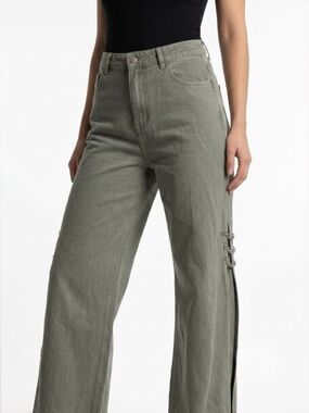 SASSAFRAAS Wide Leg Jeans Chain Detail Olive Green Women's Size XL